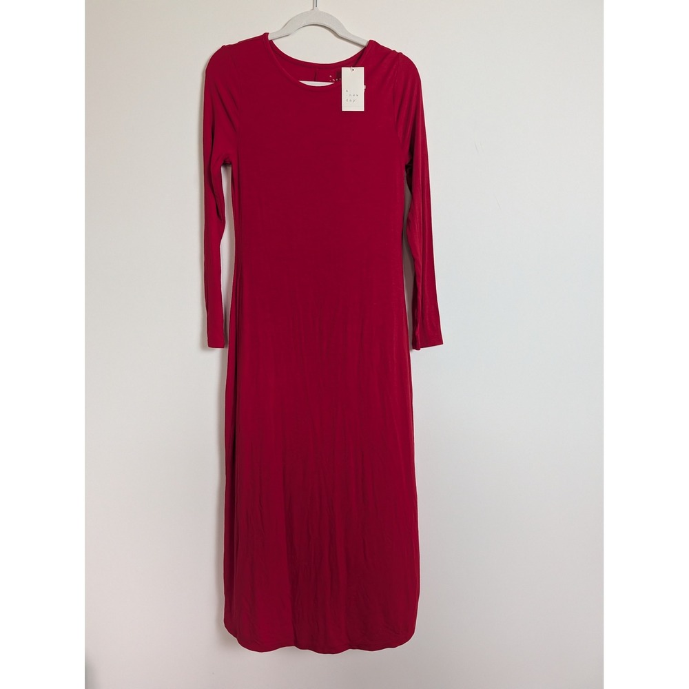 A New Day Womens S Red Ribbed Scoop Neck Fitted Long Sleeve Casual Maxi Dress